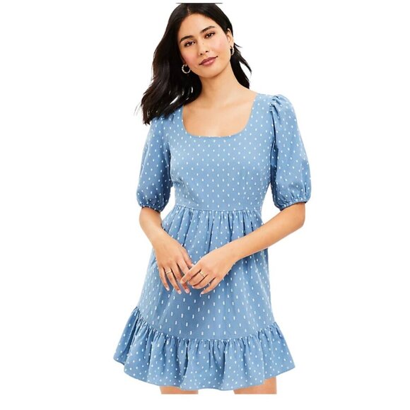 NWT LOFT Clip Tie Back Flounce Swing Pleated Mini Dress Size 14 Poolside Blue - Picture 1 of 6